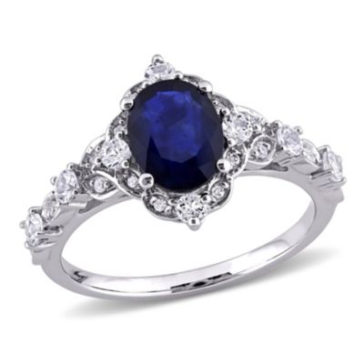 Belk & Co 2 Ct. T.g.w. Diffused Blue Sapphire, White Sapphire And 1/10 Ct. T.w. Diamond Halo Cocktail Ring In 10K White Gold
