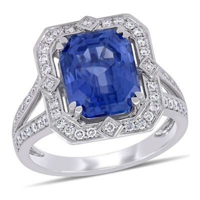 Belk & Co 6.48 Ct. T.g.w. Blue Sapphire And 1/2 Ct. T.w. Diamond Halo Split Shank Ring In 14K White Gold