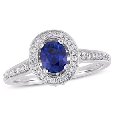 Belk & Co 7/8 Ct. T.g.w. Blue Sapphire And 1/2 Ct. T.w. Diamond Halo Cocktail Ring In 14K White Gold