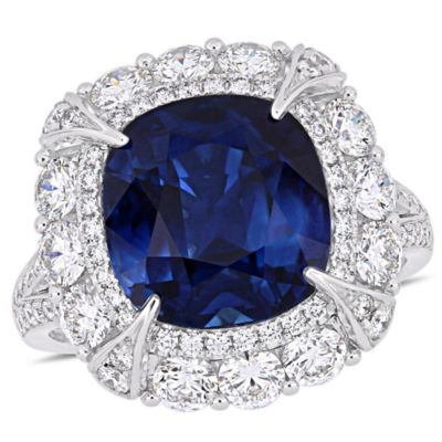 Belk & Co 7.1 Ct. T.g.w. Blue Sapphire And 1.77 Ct. T.w. Diamond Halo Cocktail Ring In 14K White Gold