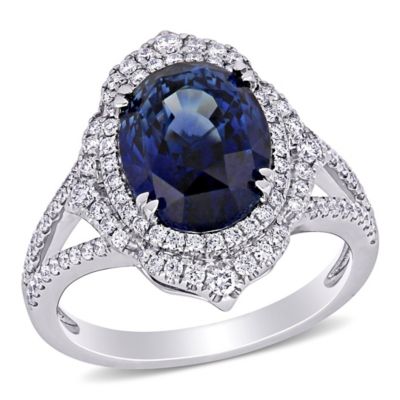 Belk & Co 6 Ct. T.g.w. Blue Sapphire And 3/5 Ct. T.w. Diamond Halo Cocktail Ring In 14K White Gold