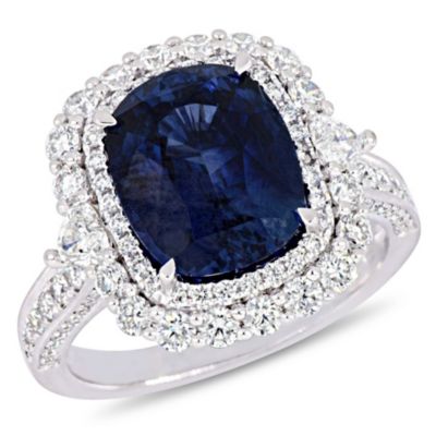 Belk & Co 6.23 Ct. T.g.w. Blue Sapphire And 1.43 Ct. T.w. Diamond Halo Cocktail Ring In 14K White Gold