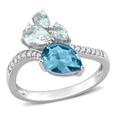 Belk & Co 1.94 Ct. T.g.w. Aquamarine, London Blue Topaz And 1/10 Ct. T.w. Diamond Cocktail Ring In 14K White Gold