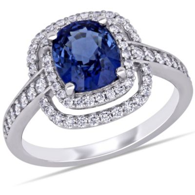 Belk & Co 2.45 Ct. T.g.w. Blue Sapphire And 1/2 Ct. T.w. Diamond Double Halo Ring In 14K White Gold