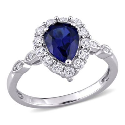Belk & Co 2.45 Ct. T.g.w. Created Blue And White Sapphire And 1/10 Ct. T.w. Diamond Halo Cocktail Ring In 10K White Gold