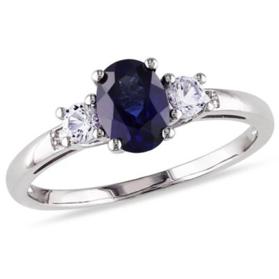 Belk & Co 1.57 Ct. T.g.w. Created Blue And White Sapphire And 1/10 Ct. T.w. Diamond 3-Stone Ring In 10K White Gold