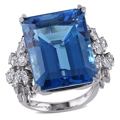 Belk & Co 31 Ct. T.g.w. Swiss Blue Topaz And 1.75 Ct. T.w. Diamond Cocktail Ring In 14K White Gold