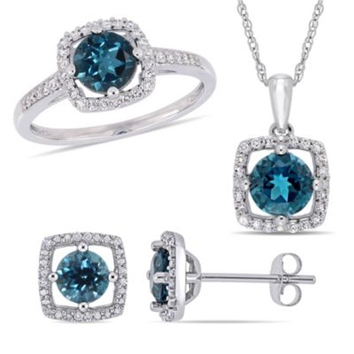 Belk & Co 3-Piece Set Of 3.05 Ct. T.g.w. London Blue Topaz And 1/3 Ct. T.w. Diamond Halo Earrings, Pendant With Chain And Ring In 10K White Gold