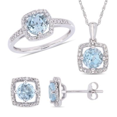 Belk & Co 3-Piece Set Of 3 Ct. T.g.w. Sky Blue Topaz And 1/3 Ct. T.w. Diamond Halo Earrings, Pendant With Chain And Ring In 10K White Gold