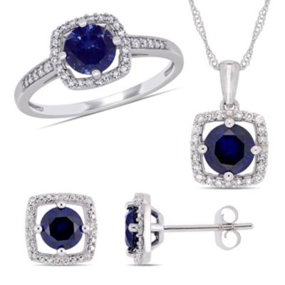 Belk & Co Lab Created 3-Piece Set Of 3.15 Ct. T.g.w. Created Blue Sapphire And 1/3 Ct. T.w. Diamond Halo Earrings, Pendant With Chain And Ring In 10K