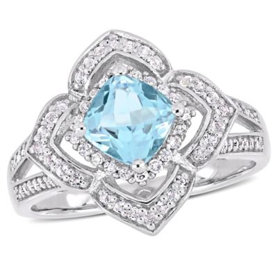 Belk & Co 1.34 Ct. T.g.w. Sky Blue Topaz, White Topaz And 1/5 Ct. T.w. Diamond Floral Ring In Sterling Silver