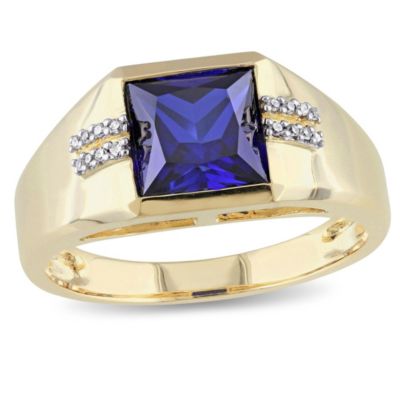 Belk & Co Lab Created 1/10 Ct. T.w. Diamond And Created Blue Sapphire Men's Ring In 10K Yellow Gold