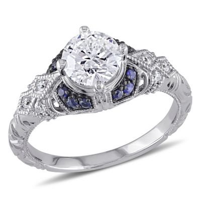 Belk & Co 1.01 Ct. T.w. Diamond And Sapphire Accent Victorian Engagement Ring In 14K White Gold