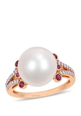 Belk & Co Cultured Freshwater Pearl, Ruby And 1/7 Ct. T.w. Diamond Split Shank Ring In 10K Rose Gold
