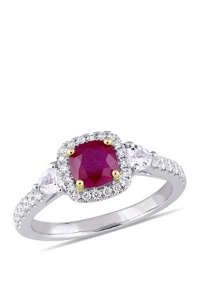 Belk & Co Ruby, White Sapphire And 1/3 Ct. T.w. Diamond Halo 3-Stone Ring In 14K White Gold With Yellow Gold Prongs