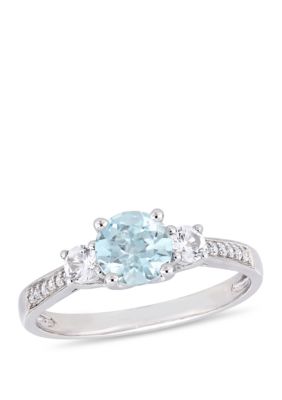 Belk & Co 3/4 Ct. T.w. Aquamarine, 1/3 Ct. T.w. Created White Sapphire, And 0.05 Ct. T.w. Diamond 3 Stone Ring In 10K White Gold
