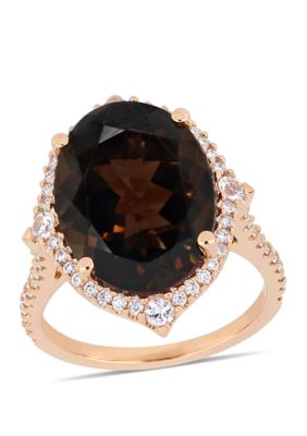 Belk & Co 8.65 Ct. T.w. Smokey Quartz, 1/4 Ct. T.w. White Sapphire, And 3/8 Ct. T.w. Diamond Halo Cocktail Ring In 14K Rose Gold