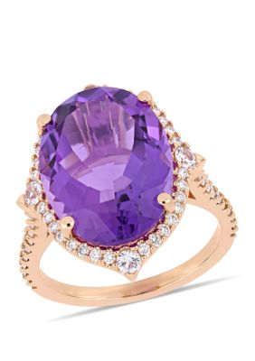 Belk & Co Amethyst, White Sapphire And 3/8 Ct. Tw. Diamond Halo Cocktail Ring In 14K Rose Gold