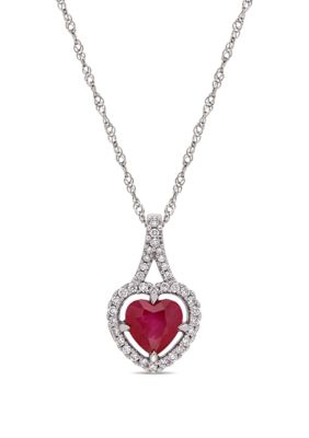Belk & Co 1.0 Ct. T.w Ruby And 1/6 Ct. T.w Diamond Halo Heart Pendant With Chain In 14K White Gold