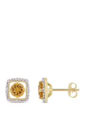 Belk & Co 0.88 Ct. T.w. Citrine And 0.07 Ct. T.w. Diamond Floating Halo Square Stud Earrings In 10K Yellow Gold