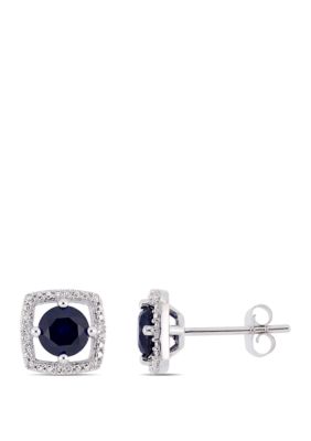 Belk & Co 1.17 Ct. T.w. Created Sapphire And 0.07 Ct. T.w. Diamond Floating Halo Square Stud Earrings In 10K White Gold