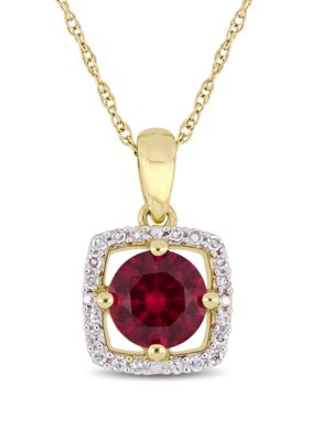 Belk & Co 1 Ct. T.w. Created Ruby And 0.1 Ct. T.w. Diamond Floating Halo Pendant With Chain In 10K Yellow Gold