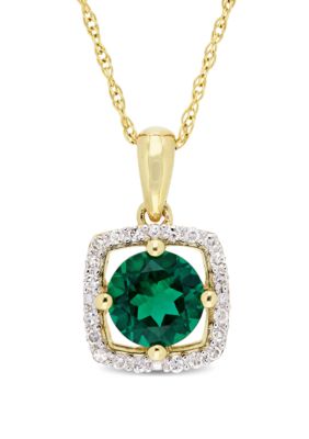 Belk & Co 0.8 Ct. T.w. Created Emerald And 0.1 Ct. T.w. Diamond Floating Halo Pendant With Chain In 10K Yellow Gold