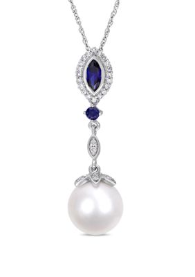 Belk & Co 10 Mm - 10.5 Mm Cultured Freshwater Pearl, 1/2 Ct. T.w. Created Sapphire And 1/7 Ct. T.w. Diamond Drop Necklace In 10K White Gold