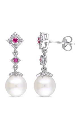 Belk & Co 8.5 Mm-9 Mm Cultured Freshwater Pearl, 1/7 Ct. T.w. Ruby And 1/10 Ct. T.w. Diamond Drop Earrings In 10K White Gold