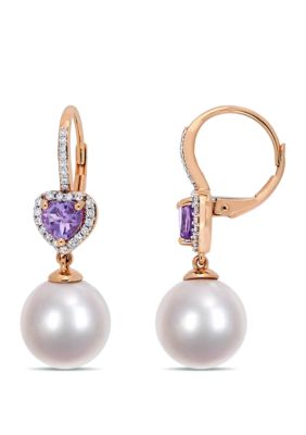 Belk & Co 11 Mm-12 Mm Cultured Freshwater Pearl, 4/5 Ct. T.w. Amethyst And 1/5 Ct. T.w. Diamond Heart Drop Earrings In 10K Rose Gold