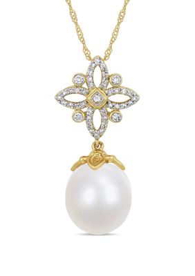 Belk & Co 10 Mm-10.5 Mm South Sea Cultured Pearl And 1/3 Ct. T.w. Diamond Floral Necklace In 14K Yellow Gold