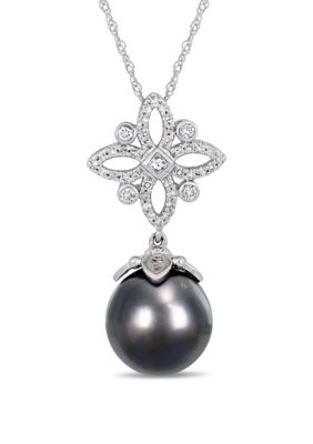 Belk & Co 10 Mm-10.5 Mm Tahitian Cultured Pearl And 1/3 Ct. T.w. Diamond Floral Drop Necklace In 14K White Gold