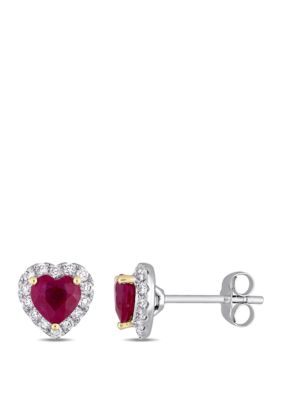 Belk & Co 1.13 Ct. T.w. Ruby And 1/3 Ct. T.w. Diamond Heart Stud Earrings In 14K White Gold With Yellow Gold Prongs