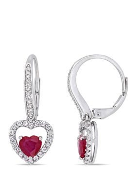 Belk & Co 1.15 Ct. T.w. Ruby, 2/5 Ct. T.w. White Sapphire And 1/10 Ct. T.w. Diamond Heart Earrings In 14K White Gold