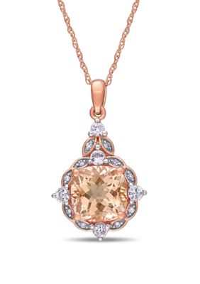 Belk & Co 2 Ct. T.w. Morganite, 1/3 Ct. T.w. White Sapphire, And 0.03 Ct. T.w. Diamond Accent Halo Vintage Drop Necklace In 14K Rose Gold