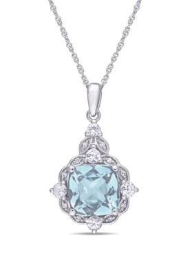 Belk & Co 2.15 Ct. T.w. Aquamarine, 1/3 Ct. T.w. White Sapphire, And 0.03 Ct. T.w. Diamond Accent Halo Vintage Drop Necklace In 14K White Gold