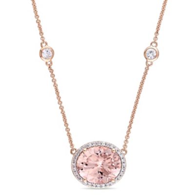 Belk & Co 4.84 Ct. T.g.w. Morganite, White Sapphire And 1/6 Ct. T.w. Diamond Halo Station Necklace In 14K Rose Gold