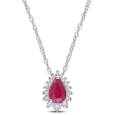 Belk & Co 1/2 Ct. T.g.w. Ruby And 1/8 Ct. T.w. Diamond Graduated Halo Pendant With Chain In 14K White Gold