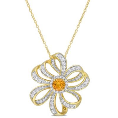 Belk & Co 2 Ct. T.g.w. Madeira Citrine And White Topaz Flower Pendant With Chain In 18K Yellow Gold Plated Sterling Silver