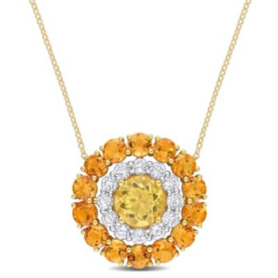 Belk & Co 11.44 Ct. T.g.w. Citrine, Madeira Citrine And White Topaz Double Halo Circle Pendant With Chain In 18K Yellow Gold Plated Sterling Silver