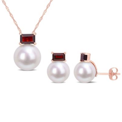 Belk & Co 2-Piece Set Of 9-12Mm Freshwater Cultured Pearl And 1.51 Ct. T.g.w. Garnet Earrings & Pendant With Chain In 10K Rose Gold
