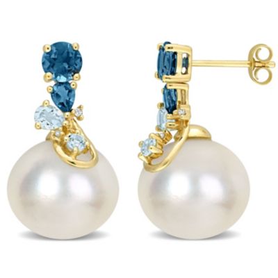 Belk & Co 14-14.5Mm White South Sea Cultured Pearl And 2 Ct. T.g.w. London & Sky Blue Topaz With 1/10 Ct. T.w. Diamond Stud Earrings In 14K Yellow