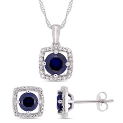 Belk & Co Lab Created 2-Piece Set Of 2.15 Ct. T.g.w. Created Blue Sapphire And 1/6 Ct. T.w. Diamond Halo Earrings And Pendant With Chain In 10K White