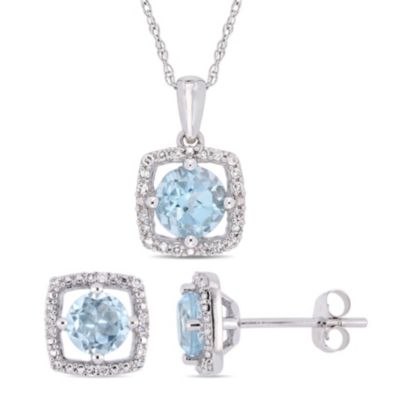 Belk & Co 2-Piece Set Of 2 Ct. T.g.w. Sky Blue Topaz And 1/6 Ct. T.w. Diamond Halo Earrings And Pendant With Chain In 10K White Gold