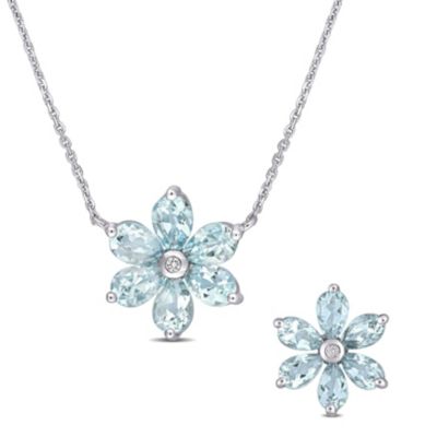 Belk & Co 2-Piece Set Of 4.55 Ct. T.g.w. Aquamarine And 1/10 Ct. T.w. Diamond Floral Earrings And Pendant With Chain In 14K White Gold