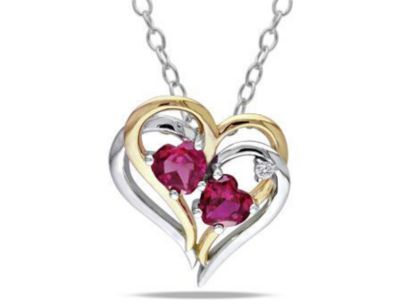 Belk & Co Lab Created Created Ruby And 1/10 Ct. T.w. Diamond Double Heart Pendant With Chain In Two-Tone Sterling Silver