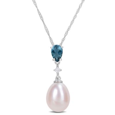 Belk & Co Pink Freshwater Cultured Pearl And London-Blue Topaz With 1/10 Ct. T.w. Diamond Drop Pendant With Chain In 10K White Gold