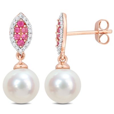 Belk & Co 8Mm Freshwater Cultured Pearl And Pink Sapphire With 1/7 Ct. T.w. Diamond Halo Drop Earrings In 14K Rose Gold
