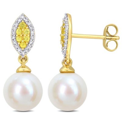 Belk & Co 8Mm Freshwater Cultured Pearl And Yellow Sapphire With 1/7 Ct. T.w. Diamond Halo Drop Earrings In 14K Yellow Gold