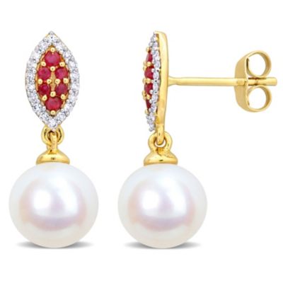 Belk & Co 8Mm Freshwater Cultured Pearl And Ruby With 1/7 Ct. T.w. Diamond Halo Drop Earrings In 14K Yellow Gold